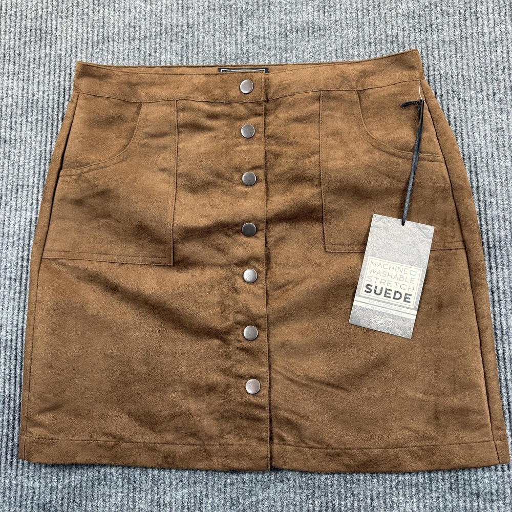 One 5 One Skirt Womens Medium Brown Faux Suede Button Front Mini Stretch Pockets